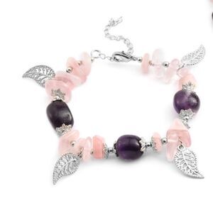 Purple Amethyst and Pink Quartz Silver Filagree Leaves Bangle Bracelet NEW